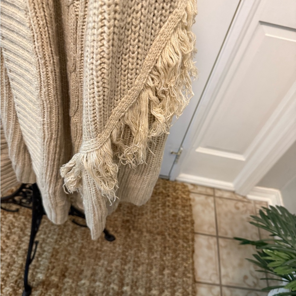 Cato Boho Beige Chunky Cable Knit Open Front Cardigan Sweater w Fringe 22W 24W - Picture 7 of 9